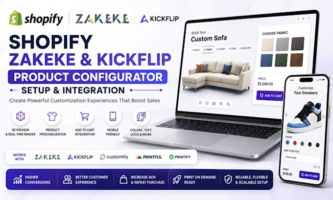 setup shopify zakeke product configurator, kickflip and customization