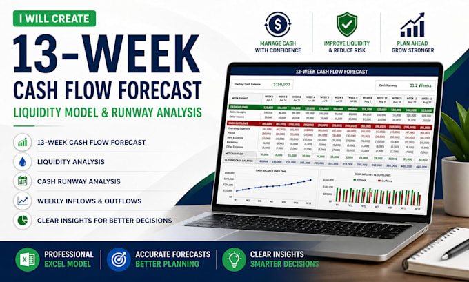 create 13 week cash flow forecast, liquidity model and runway analysis