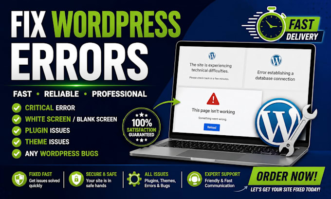 fix wordpress errors, critical error, white screen, plugin and theme issues fast