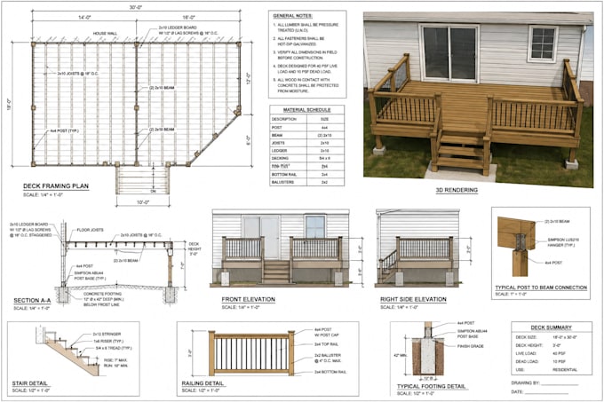 design deck, patio, pergola framing foundation structural and 3d rendering