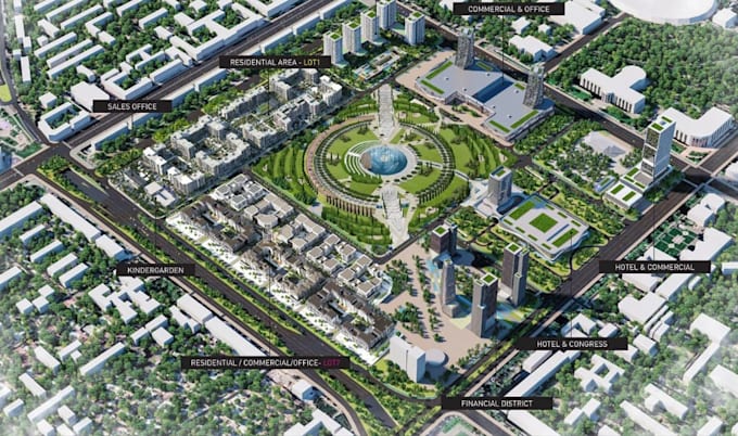 develop 3d landscape masterplan,urban planning,city layout,aerial view rendering