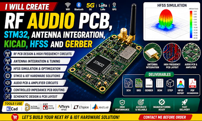 create rf audio pcb, stm32 , antenna integration, kicad, hfss and gerber