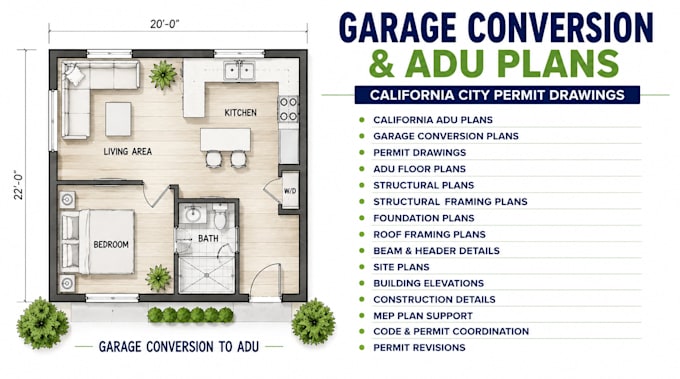 draw garage conversion adu permit plans and drawings for california texas