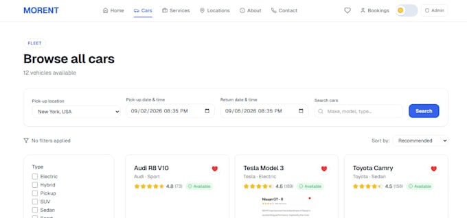 develop a car rental booking website with nextjs and react