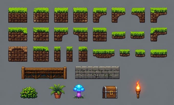do pixel art tileset pixel character, pixel background pixel game sprite sheet