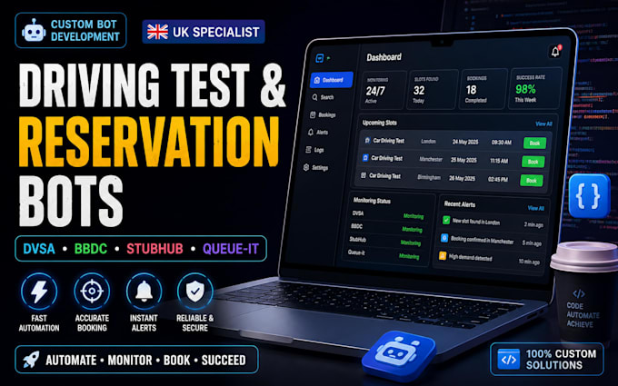 build UK dvsa driving test, bbdc, stubhub, queue it and reservation bots