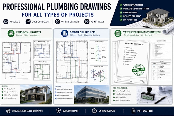 create plumbing drawings, water supply, drainage and permit plans