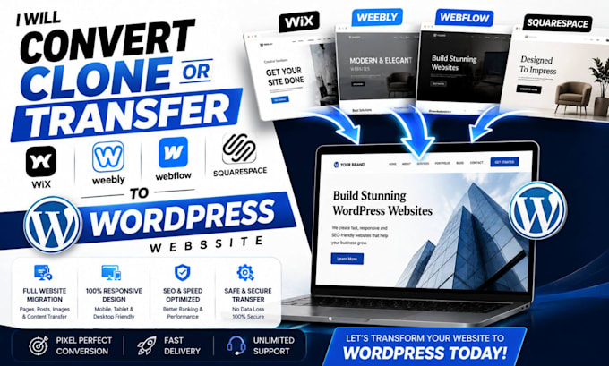 convert clone or transfer wix, weebly, webflow, squarespace to wordpress website