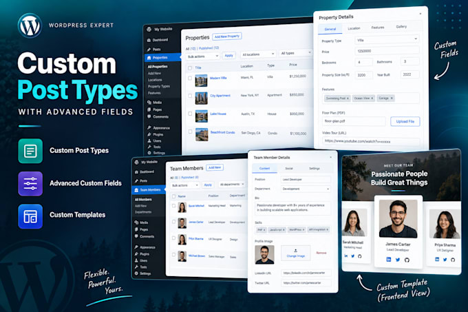 create or fix custom post types, fields, and templates in wordpress