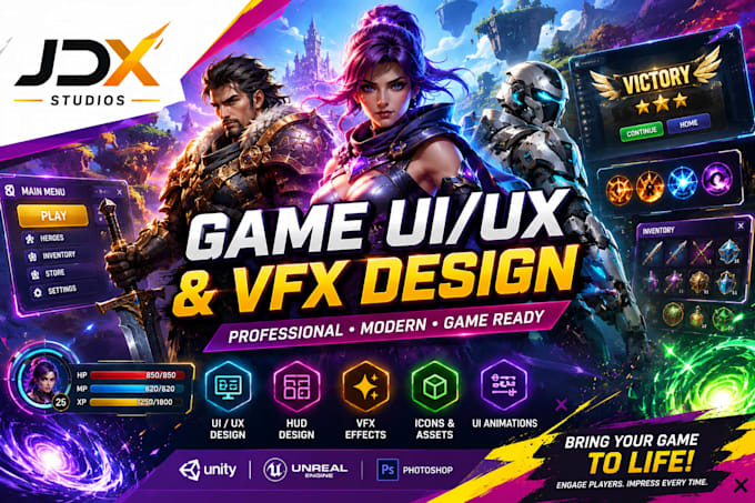 design game UI UX, hud and vfx for your game