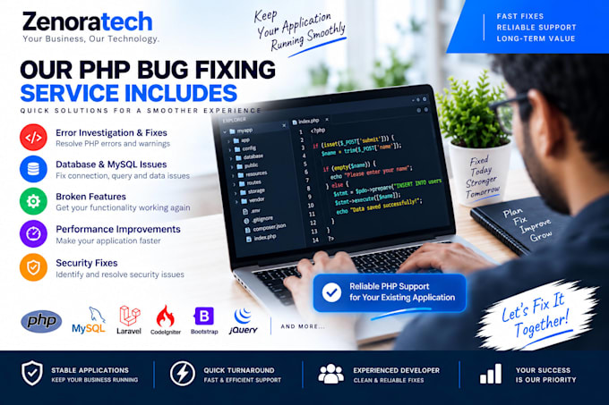 fix php bugs, errors and issues in your php mysql website or application