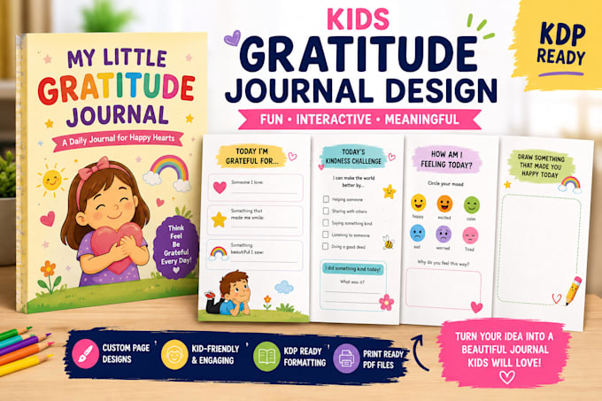 design fun kids gratitude journal for KDP with interactive pages