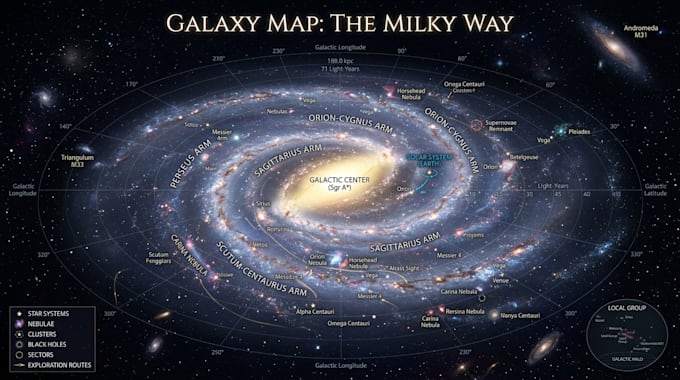 create detailed galaxy map, space map and fantasy world map
