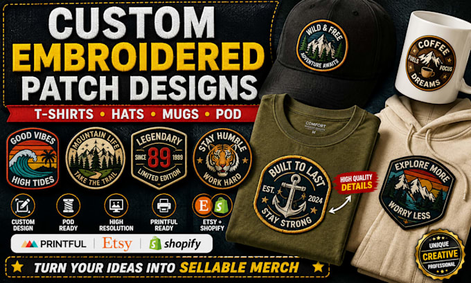 design custom embroidered patch tshirts hat mug pod printful shopify etsy store