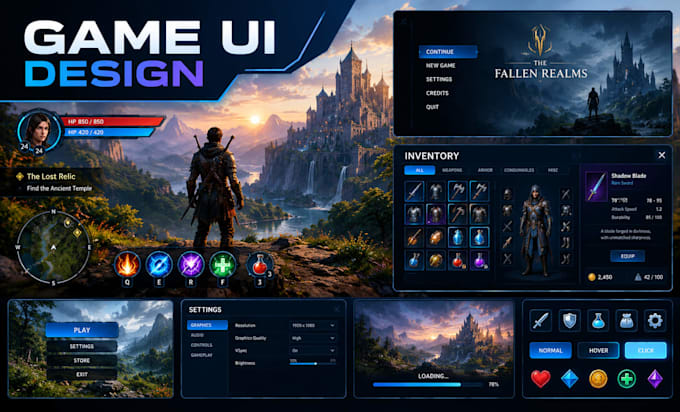 design professional game UI UX interface, hud, menu and game screens