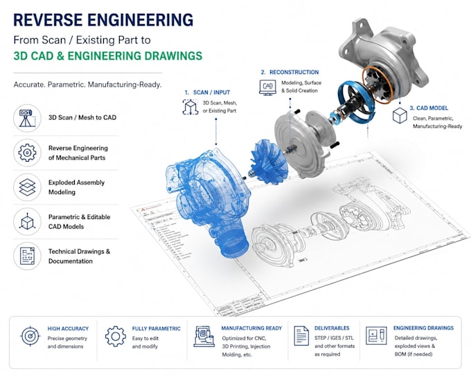 do reverse engineering, convert scanned data, photos to preimuim 3d cad model