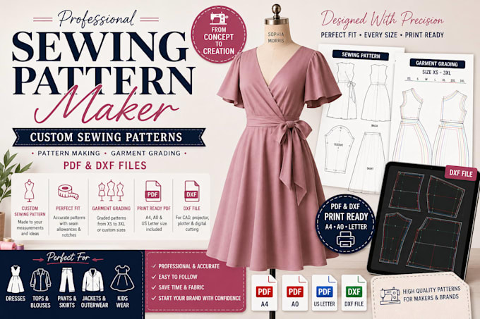 be your custom sewing pattern maker for garment grading pdf dxf dress pattern