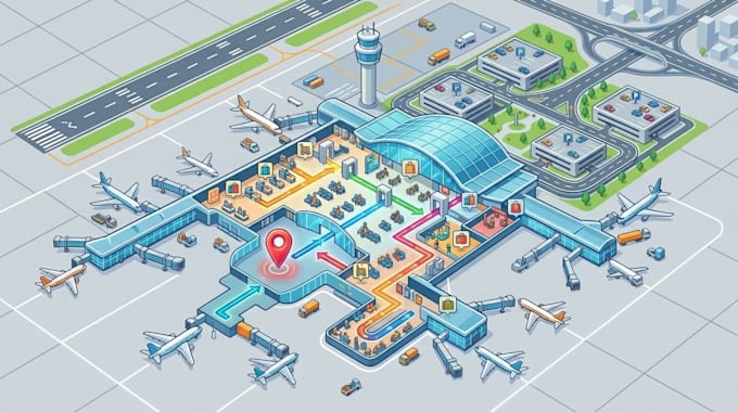 design airport map, terminal map, travel map, wayfinding map and location map