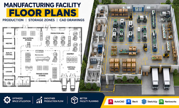 design manufacturing facility floor plans, production storage, cad drawings