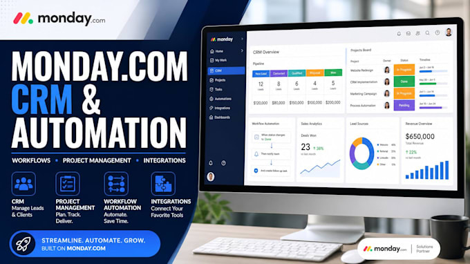 setup monday com workflows, automation, CRM and project management