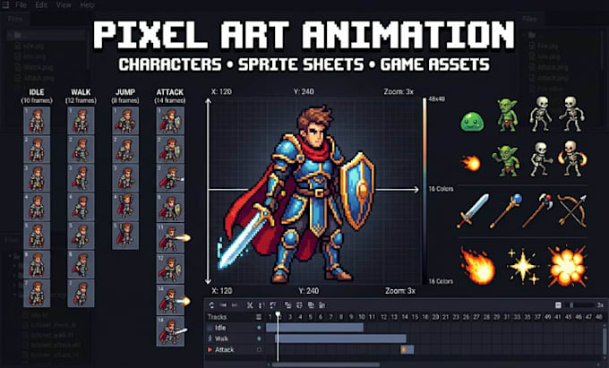 create pixel art animation spritesheet pixel art character background game asset