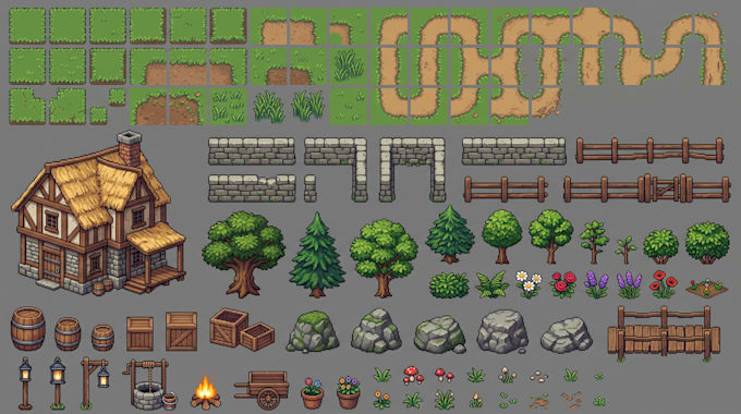 create 2d pixel game environment asset pack 2d tileset tilemap props backgrounds