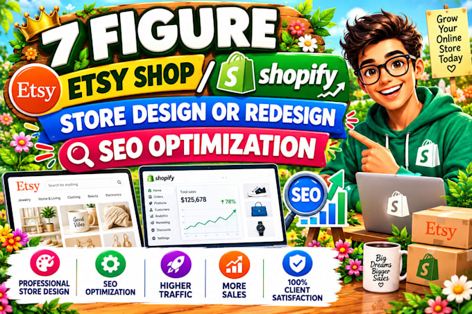 setup 7 figure etsy shop, shopify store design or redesign, SEO optimization