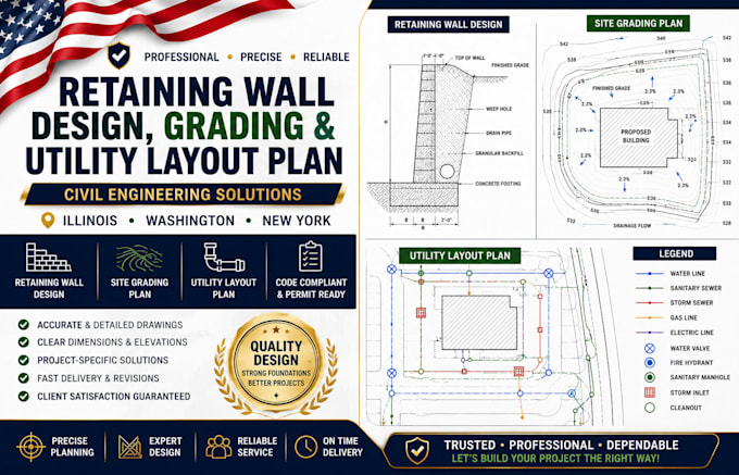 do retaining wall design grading and utility layout plan illinios washington ny