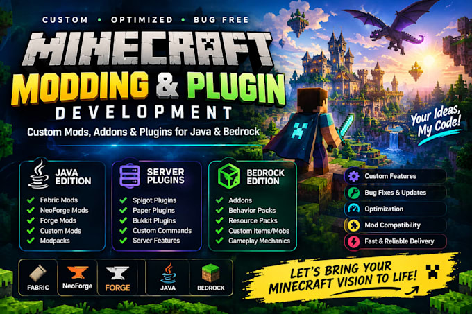 mod minecraft for fabric, neoforge or minecraft plugins, addons for java bedrock