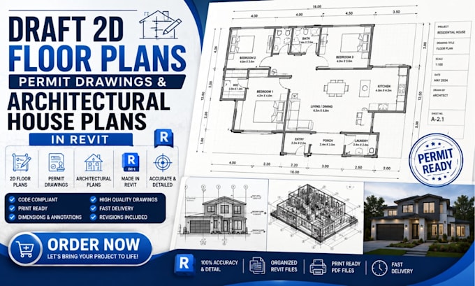 draft 2d floor plans, permit drawings and architectural house plans in revit