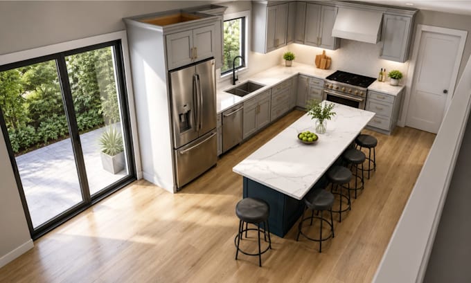 design your kitchen interior with 3d rendering, floor plan and 3d kitchen design