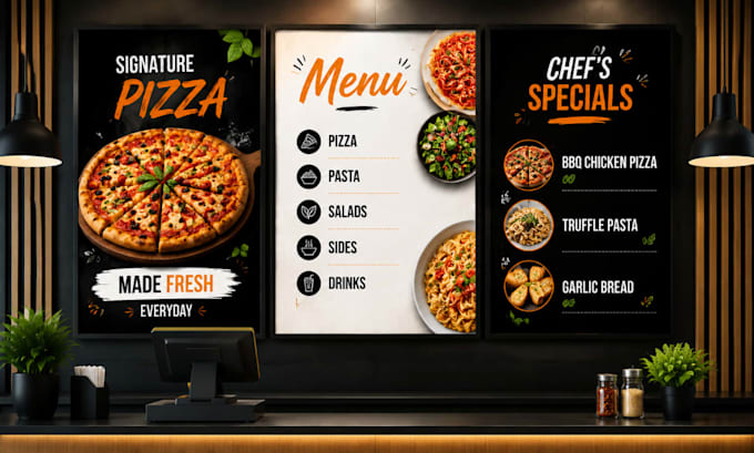 create restaurant window graphics, menu decals, storefront branding design