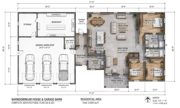 create 2d, 3d barndominium house floor plan architectural plan and garage barn