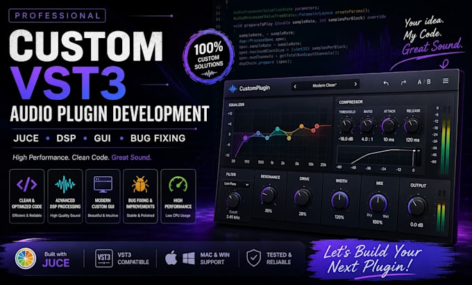 develop custom vst3 audio plugin with juce, dsp, gui and bug fixing