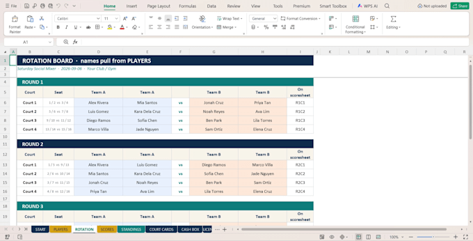 create a pickleball mixer excel sheet with rotations and standings