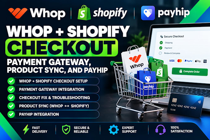 setup whop shopify checkout payment gateway, checkout fix,  product sync, payhip
