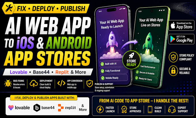 fix deploy publish lovable base44 replit ai web app to ios or android app store