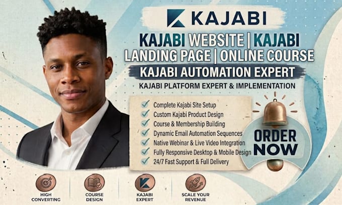create kajabi website, landing page, online course, automation as kajabi expert