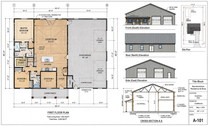create architectural plans, house plan and construction drawing for barndominium