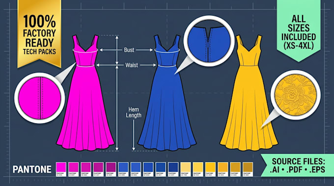create fashion technical flat sketch and garment tech pack
