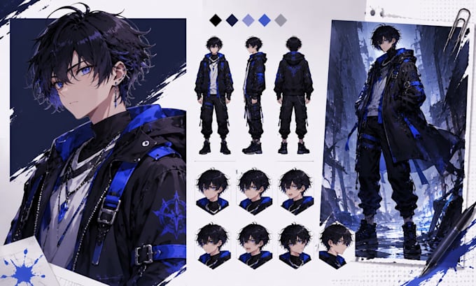 create anime character design, character sheet and expression sheet