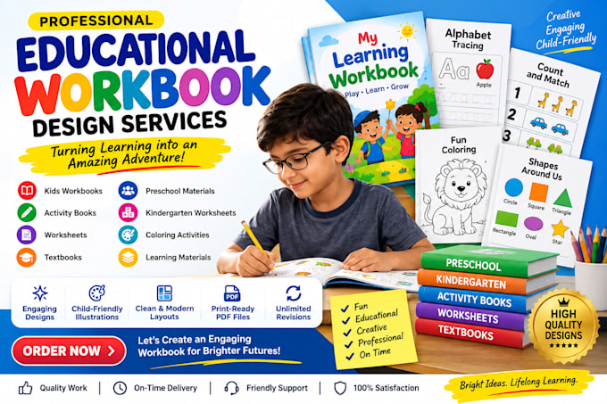 design kids workbook, educational workbook, activity book and learning materials