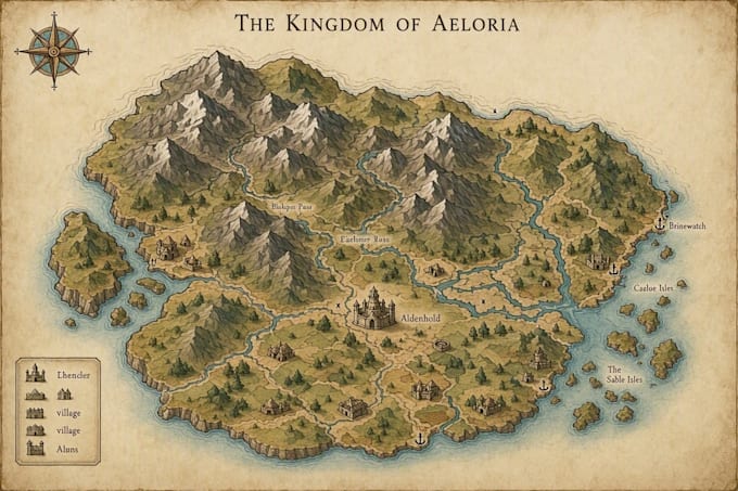 illustrate an epic fantasy map for your fictional world