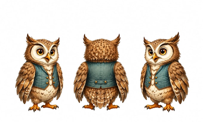 illustrate an owl character expression sheet for childrens books