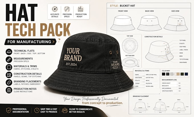 create cap and hat tech pack for manufacturing
