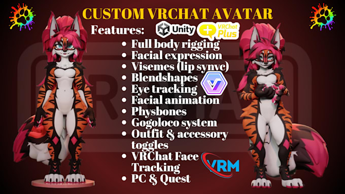 create custom vrchat avatar, furry avatar, 3d nsfw model, vr character, pc quest