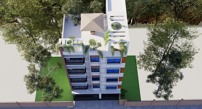 3d front elevation threshold building,rooftop garden terrace,ground floor shops