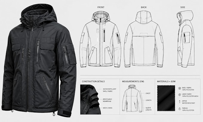 design custom jackets, hoodies and tracksuits with technical flats and tech pack