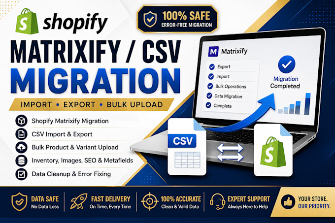 design shopify CSV product upload matrixify product listing and  migration