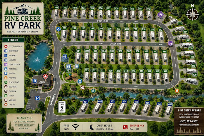 create a campground map, wayfinding, campus map and rv park map